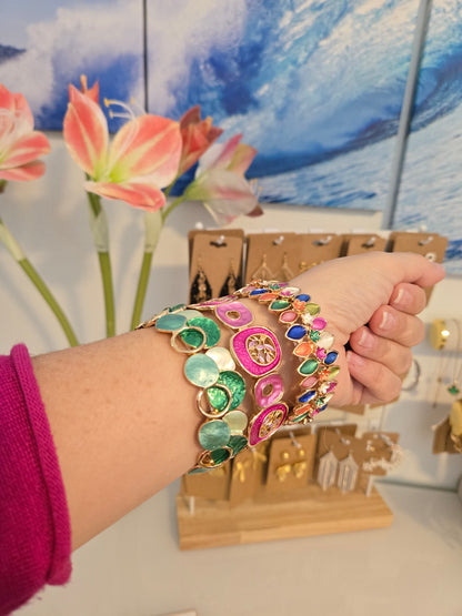 pink bracelet, abstract jewelry, stretch bracelet, fun accessory, casual jewelry, pink shapes bracelet, bold jewelry, everyday wear, lightweight bracelet, colorful fashion accessory