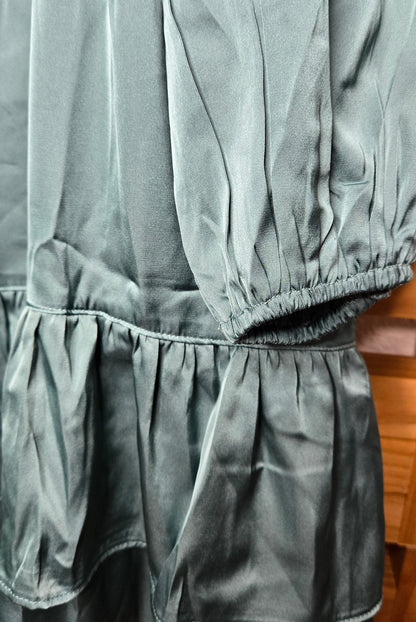 tiered ruffles, puff sleeves, short dress, satin, relaxed fit, romantic vintage, mystic green, feminine style, vintage charm, comfortable dress, elastic sleeves, boho dress