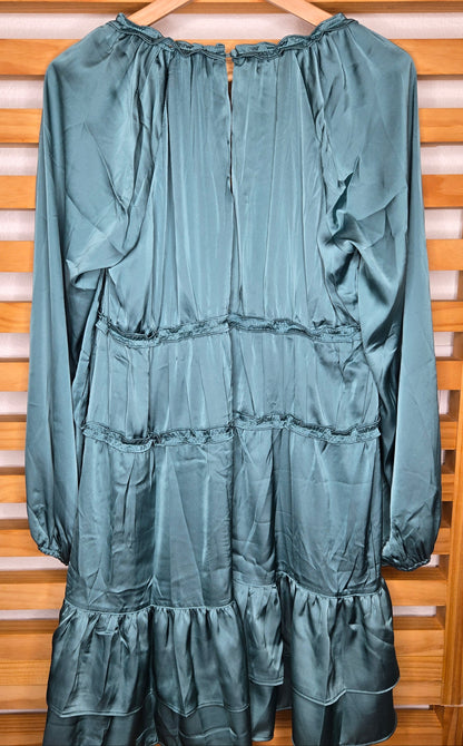 tiered ruffles, puff sleeves, short dress, satin, relaxed fit, romantic vintage, mystic green, feminine style, vintage charm, comfortable dress, elastic sleeves, boho dress