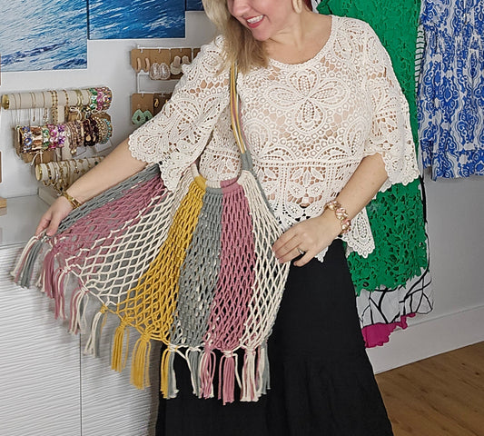 Gemma Bag- Cotton Tote - Pink and Yellow