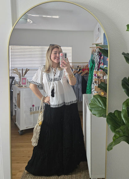 Boho Chic Flowy High-Waisted Pants with Ruffle & Smocking Detail