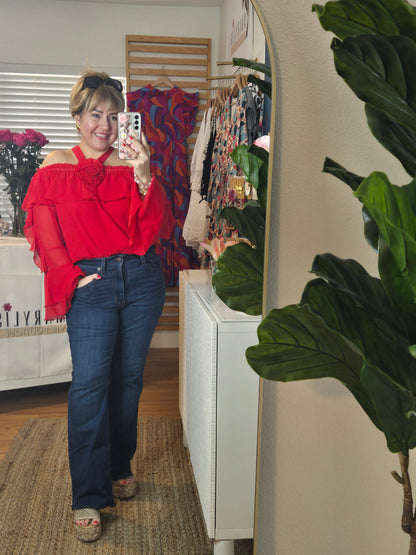 Off-the-Shoulder Rose Corsage Red Blouse with Ruffled Sleeves