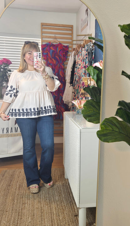 Embroidered Top, Half Sleeve Top, Poplin Blouse, Lightweight Style, Boho Chic, Elegant Look, Timeless Fashion, Classic Style, Casual Chic, Wardrobe Essential.
