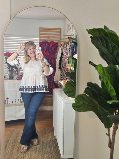 Embroidered Top, Half Sleeve Top, Poplin Blouse, Lightweight Style, Boho Chic, Elegant Look, Timeless Fashion, Classic Style, Casual Chic, Wardrobe Essential.