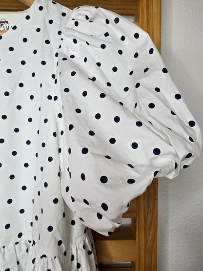 puff sleeve dress, polka dot dress, ruffle hem, front bow, lined dress, classic style, elegant outfit, feminine fashion, lightweight fabric, chic and timeless, amarylisvipboutique, boutiqueonline