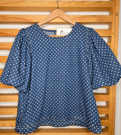 denim top, polka dot blouse, casual chic, boho fashion, lightweight denim, effortless style, everyday wear, trendy outfit, relaxed fit, soft fabric, amarylis VIP boutique