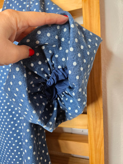 denim top, polka dot blouse, casual chic, boho fashion, lightweight denim, effortless style, everyday wear, trendy outfit, relaxed fit, soft fabric