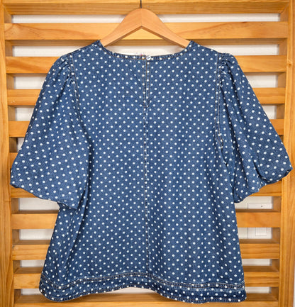 denim top, polka dot blouse, casual chic, boho fashion, lightweight denim, effortless style, everyday wear, trendy outfit, relaxed fit, soft fabric, amarylis VIP boutique