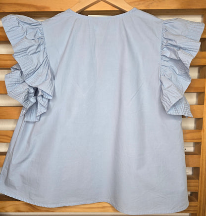#BlueTop #CottonTop #RuffleSleeve #LooseFit #VNeck #SummerTop #CasualStyle #BohoTop #ComfortableFashion #EasyWear