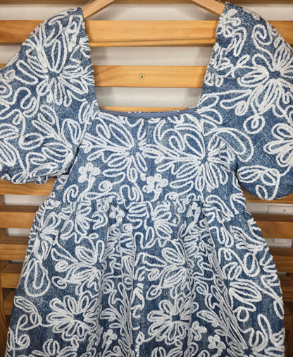 boho style, chic look, denim romper, floral fashion, puff sleeves, square neck, casual chic, wardrobe essential, trendy outfit, amarylis vip boutique