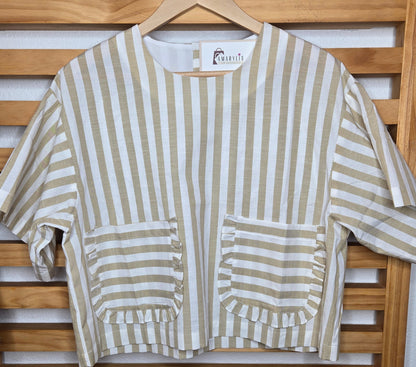 boho top, striped crop top, oversized fit, tan and white stripes, ruffle pocket top, button back blouse, casual chic, bohemian fashion, summer essential, relaxed style