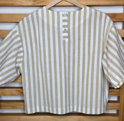 boho top, striped crop top, oversized fit, tan and white stripes, ruffle pocket top, button back blouse, casual chic, bohemian fashion, summer essential, relaxed style