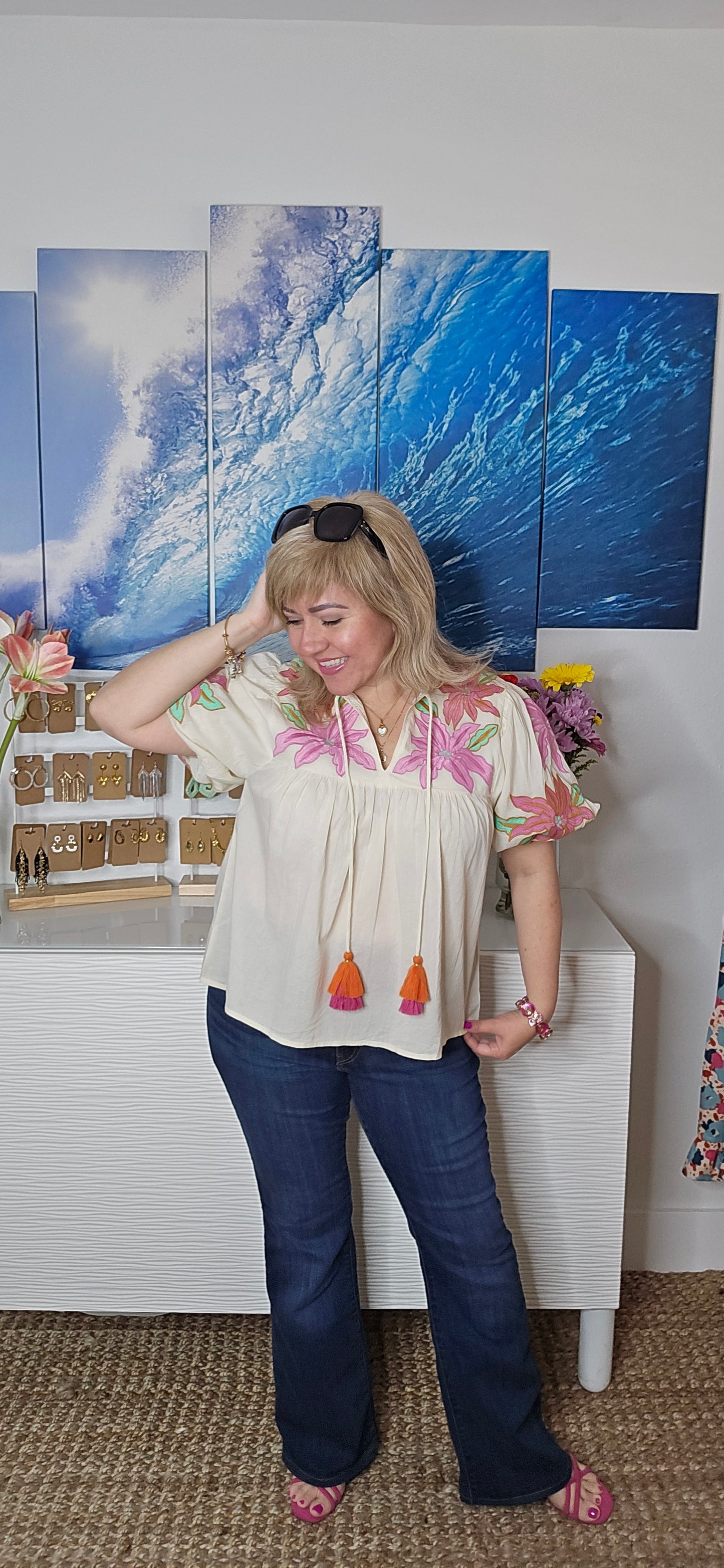 boho blouse, embroidered blouse, feminine style, boho chic, floral top, casual blouse, summer fashion, cream blouse, modest fashion, boho style, artisan top, embroidered fashion, amarylisvipboutique 