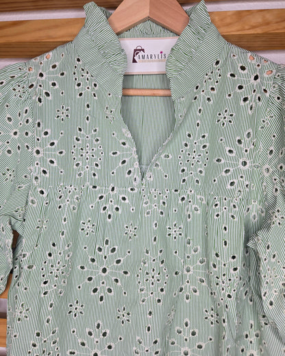boho top, embroidered blouse, modest fashion, light green blouse, floral details, conservative style, breathable top, puff sleeve blouse, eyelet blouse, spring top, feminine outfit