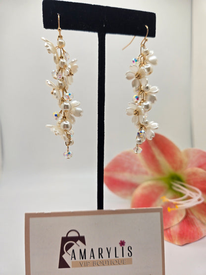 Delicate Floral Chain Earrings with Pearl Accents