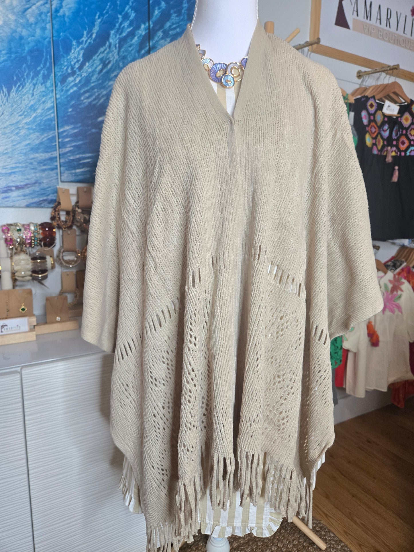 shawl, wrap, ruana, taupe, one size, versatile, chic, layering piece, Messina Pointelle, fashion accessory