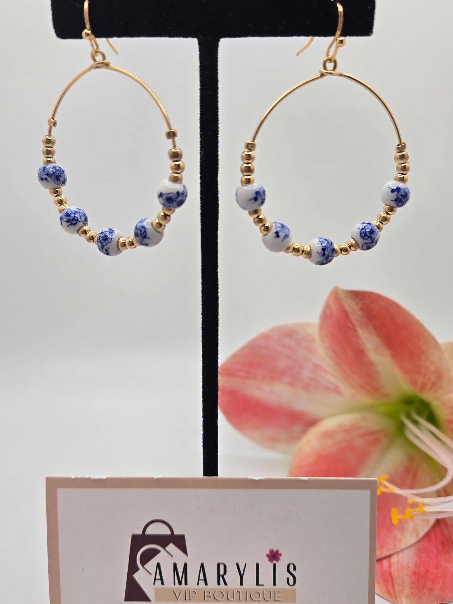 floral earrings, ceramic jewelry, teardrop earrings, metallic beads, boho chic, statement accessories, feminine style