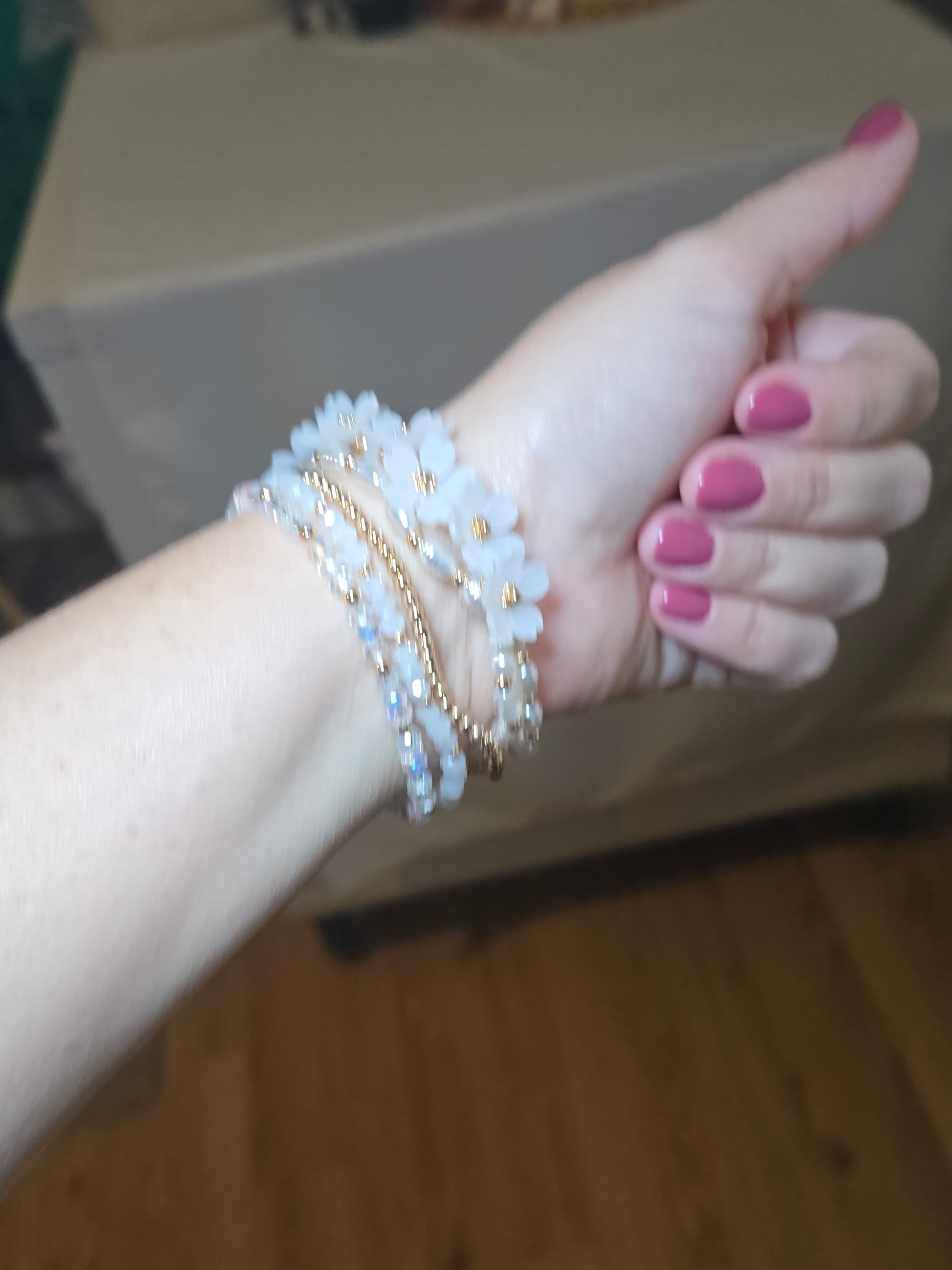 boho bracelet, floral jewelry, beaded bracelet set, metallic beads, women’s accessories, boho chic style, layered bracelets, spring jewelry