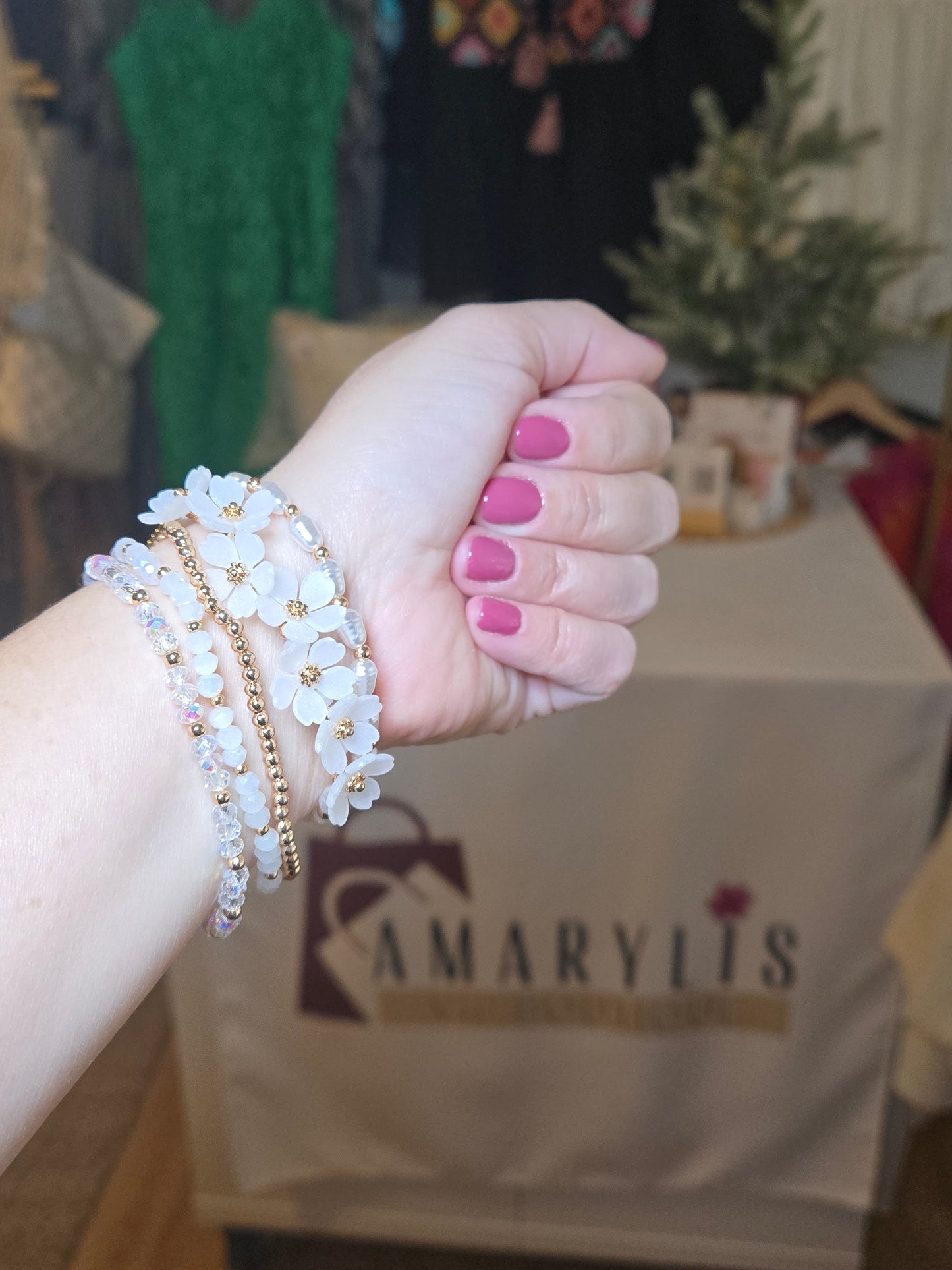 boho bracelet, floral jewelry, beaded bracelet set, metallic beads, women’s accessories, boho chic style, layered bracelets, spring jewelry