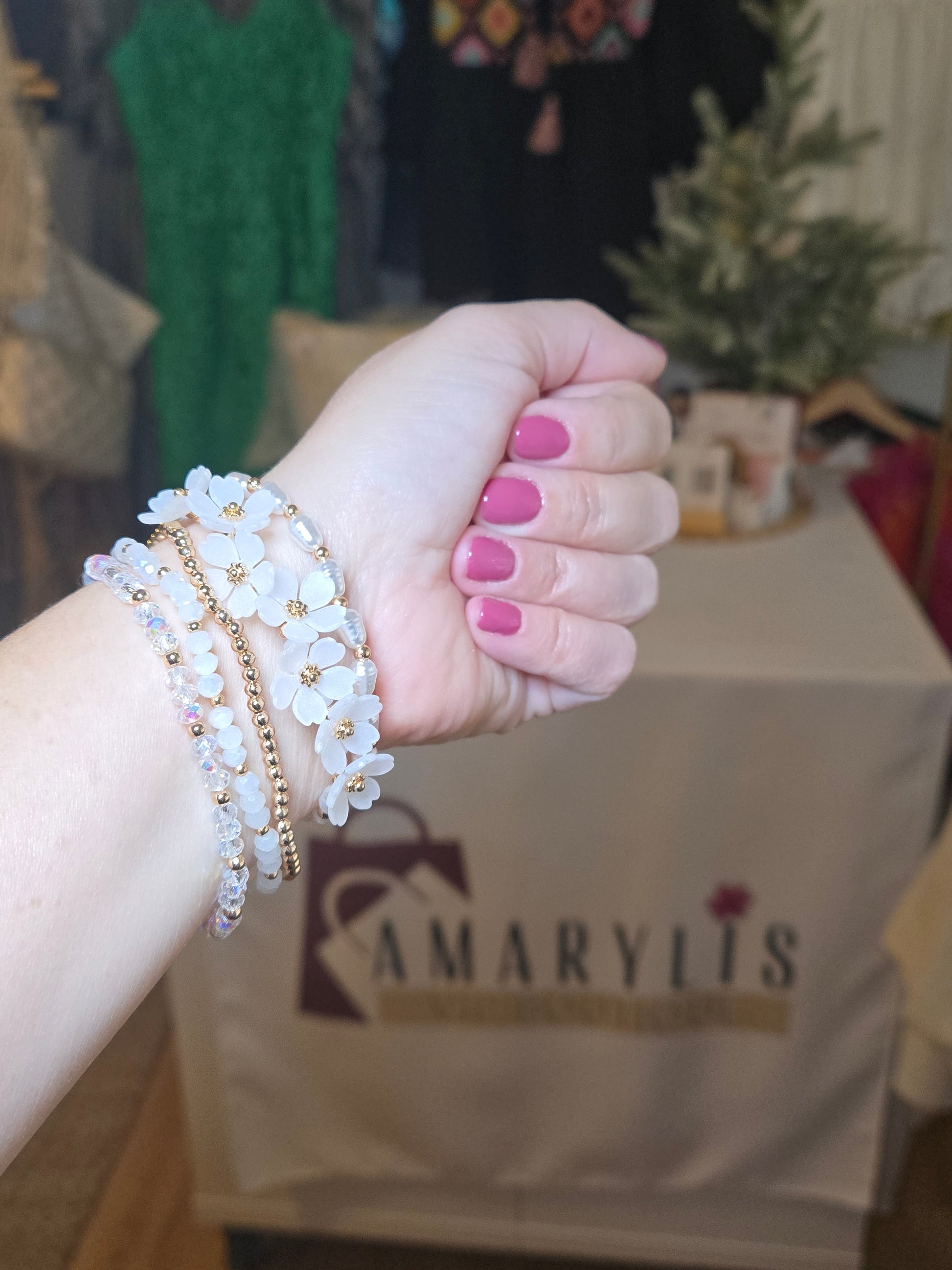 boho bracelet, floral jewelry, beaded bracelet set, metallic beads, women’s accessories, boho chic style, layered bracelets, spring jewelry