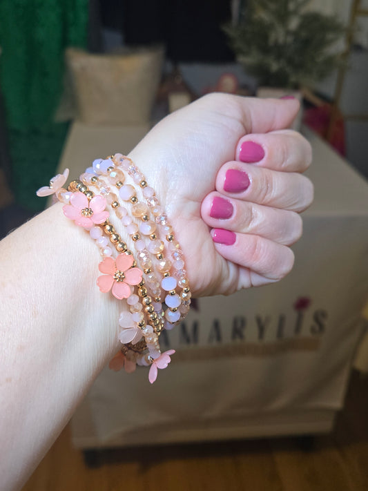 boho bracelet, floral jewelry, beaded bracelet set, metallic beads, women’s accessories, boho chic style, layered bracelets, spring jewelry