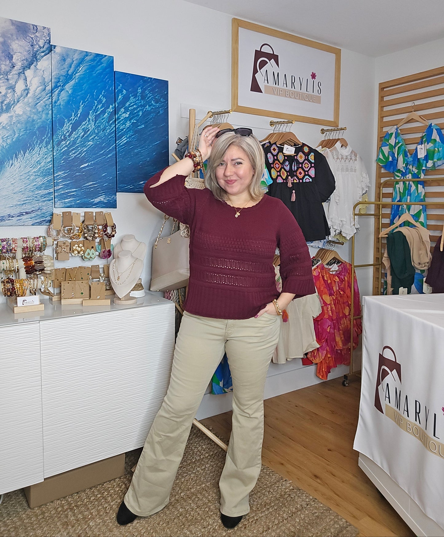 crochet sweater, spring top, knit pullover, boho style, wine sweater, women’s fashion, casual chic, textured knit, 3/4 sleeve top