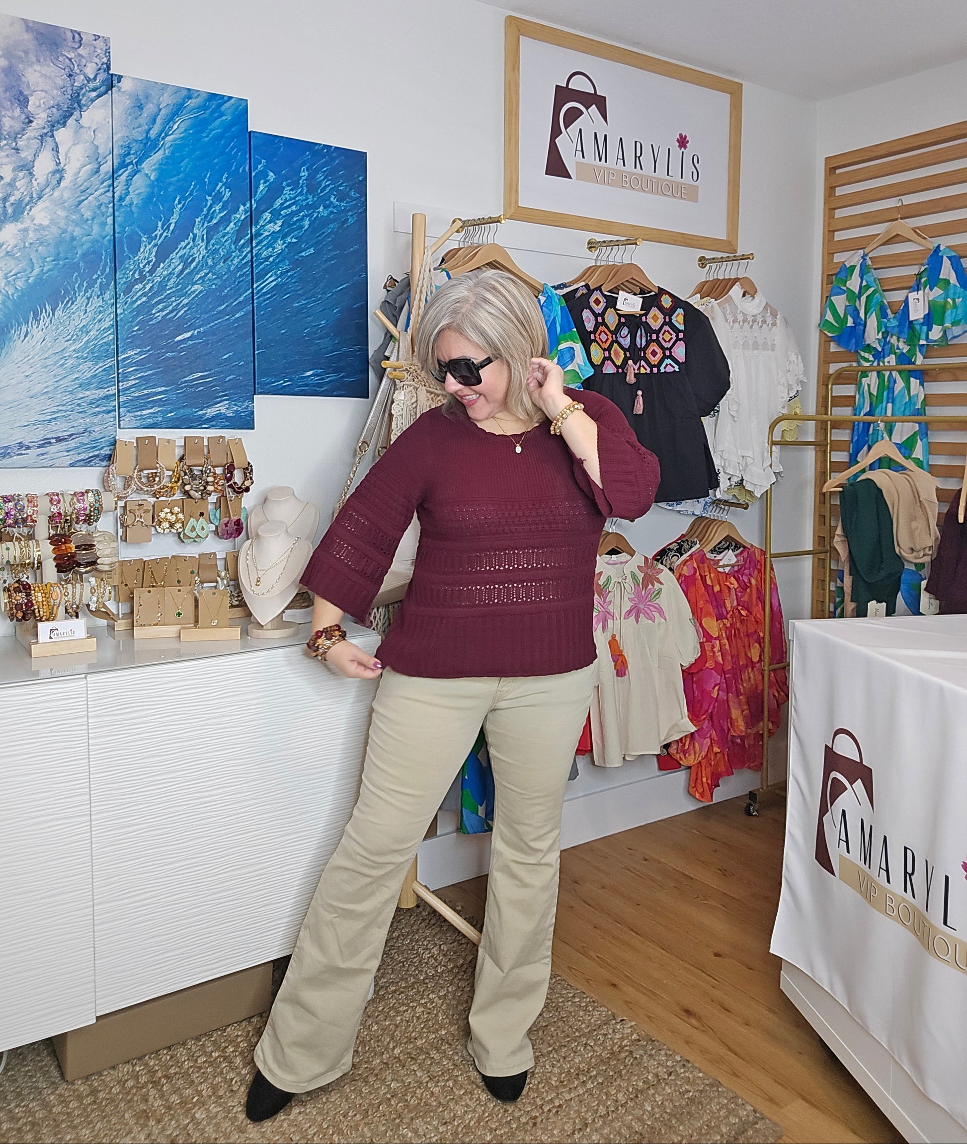 crochet sweater, spring top, knit pullover, boho style, wine sweater, women’s fashion, casual chic, textured knit, 3/4 sleeve top