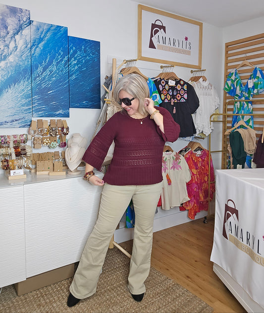 crochet sweater, spring top, knit pullover, boho style, wine sweater, women’s fashion, casual chic, textured knit, 3/4 sleeve top