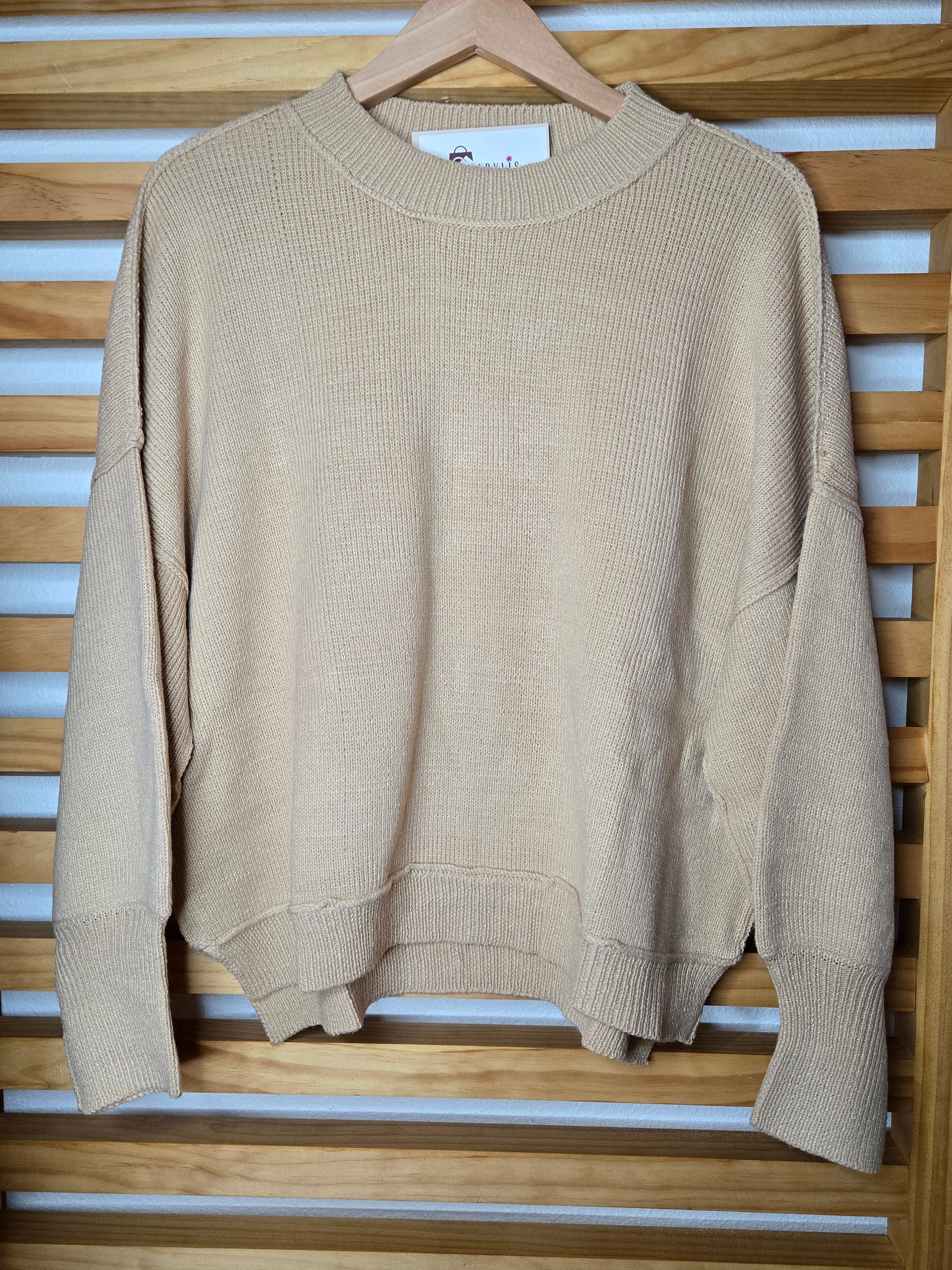 knit sweater, balloon sleeve sweater, crew neck top, ribbed knit, soft knitwear, casual pullover, women’s spring top, cozy sweater, high low hem, breathable sweater