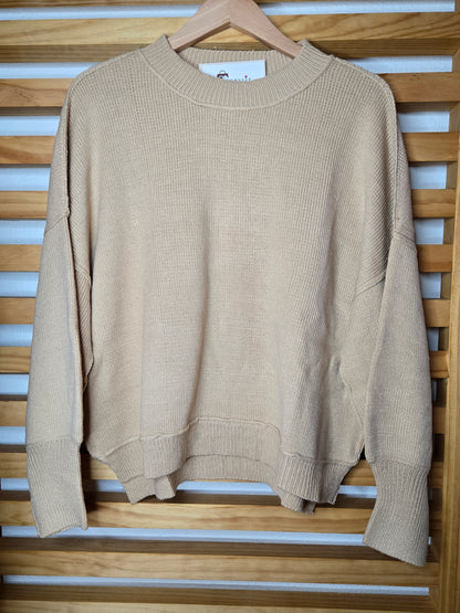 knit sweater, balloon sleeve sweater, crew neck top, ribbed knit, soft knitwear, casual pullover, women’s spring top, cozy sweater, high low hem, breathable sweater