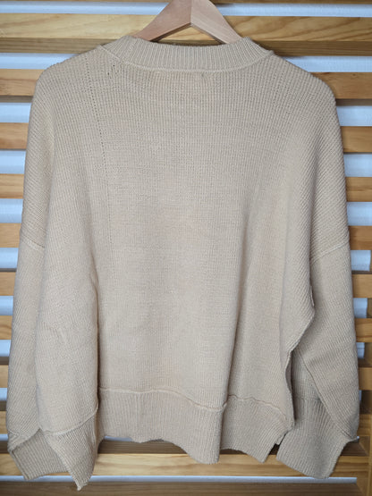 knit sweater, balloon sleeve sweater, crew neck top, ribbed knit, soft knitwear, casual pullover, women’s spring top, cozy sweater, high low hem, breathable sweater