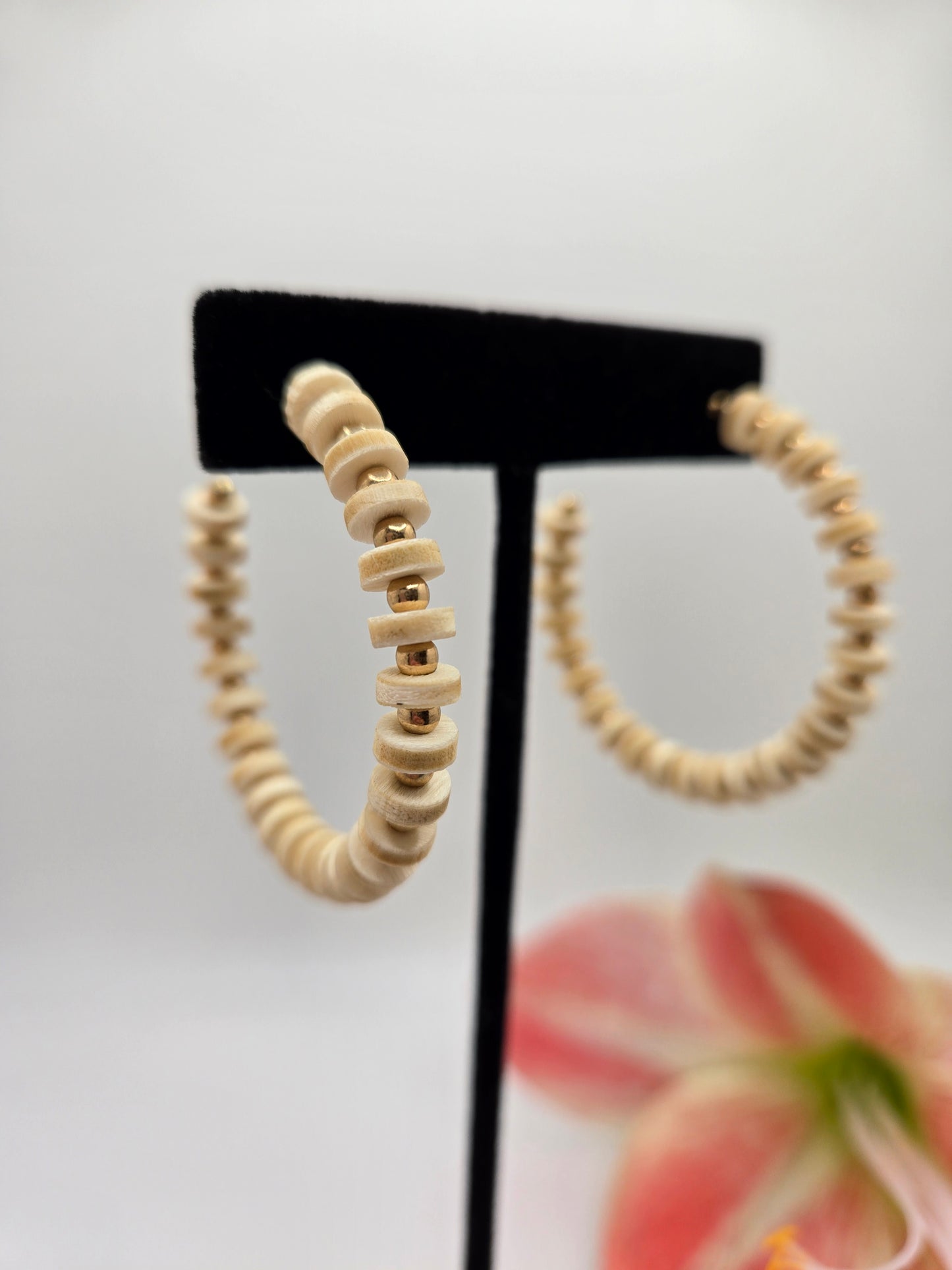 wood earrings, beaded hoops, boho jewelry, wooden beads, lightweight earrings, cylinder beads, boho accessories