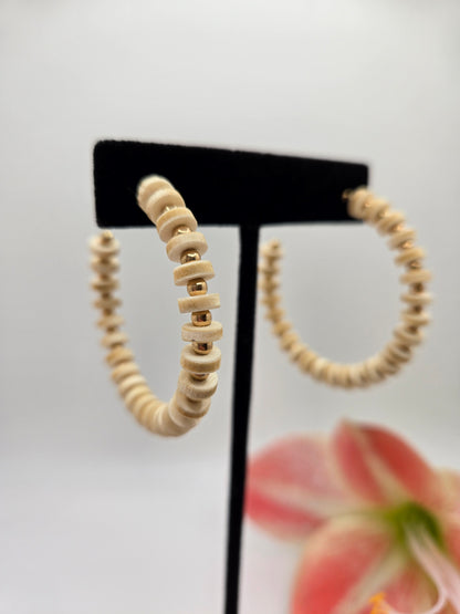 wood earrings, beaded hoops, boho jewelry, wooden beads, lightweight earrings, cylinder beads, boho accessories