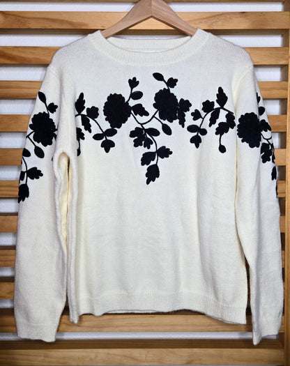 floral knit sweater, round neck sweater, cozy knit, feminine sweater, fall knitwear