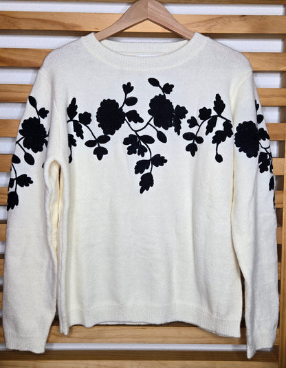 floral knit sweater, round neck sweater, cozy knit, feminine sweater, fall knitwear