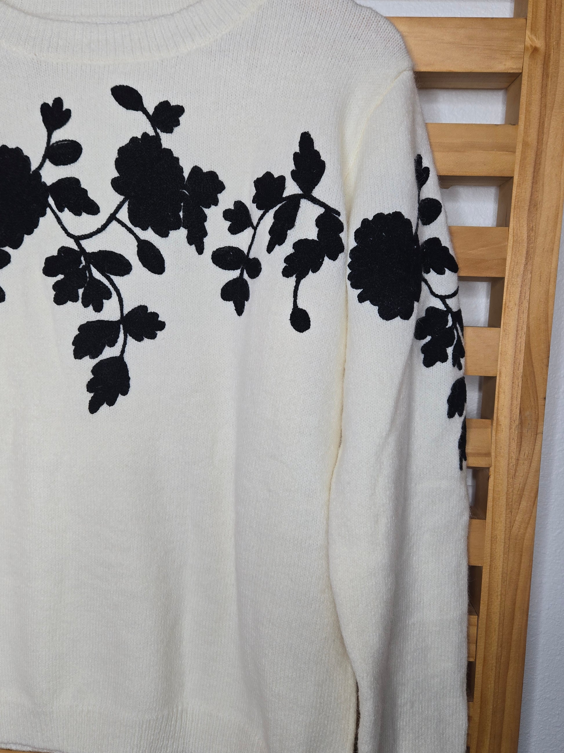 floral knit sweater, round neck sweater, cozy knit, feminine sweater, fall knitwear