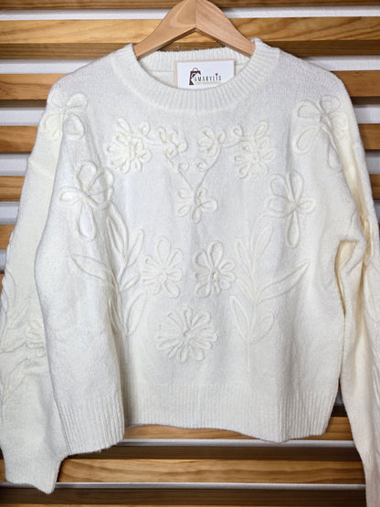 ivory sweater, knit sweater, floral knit, textured sweater, cozy sweater, women knitwear, feminine style, fall sweater, winter sweater