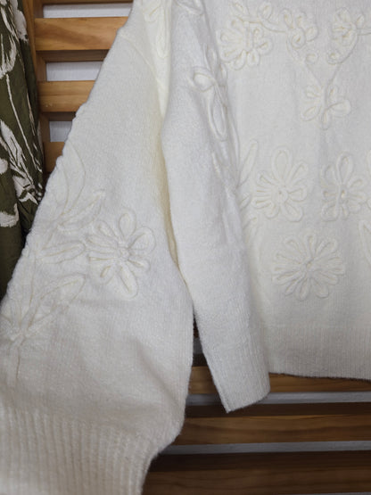 ivory sweater, knit sweater, floral knit, textured sweater, cozy sweater, women knitwear, feminine style, fall sweater, winter sweater