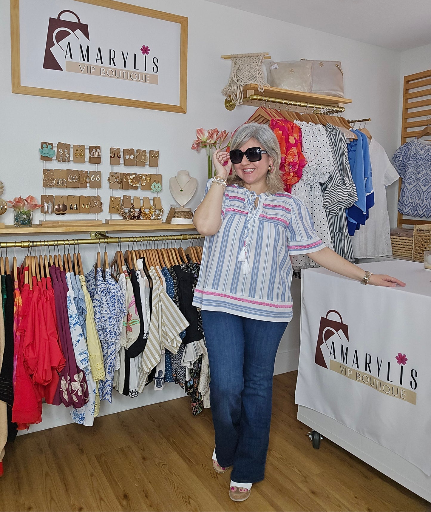 Short sleeve striped boho blouse with embroidered details and a relaxed fit design