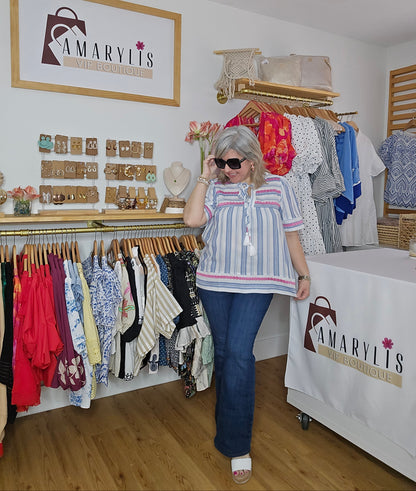 Short sleeve striped boho blouse with embroidered details and a relaxed fit design