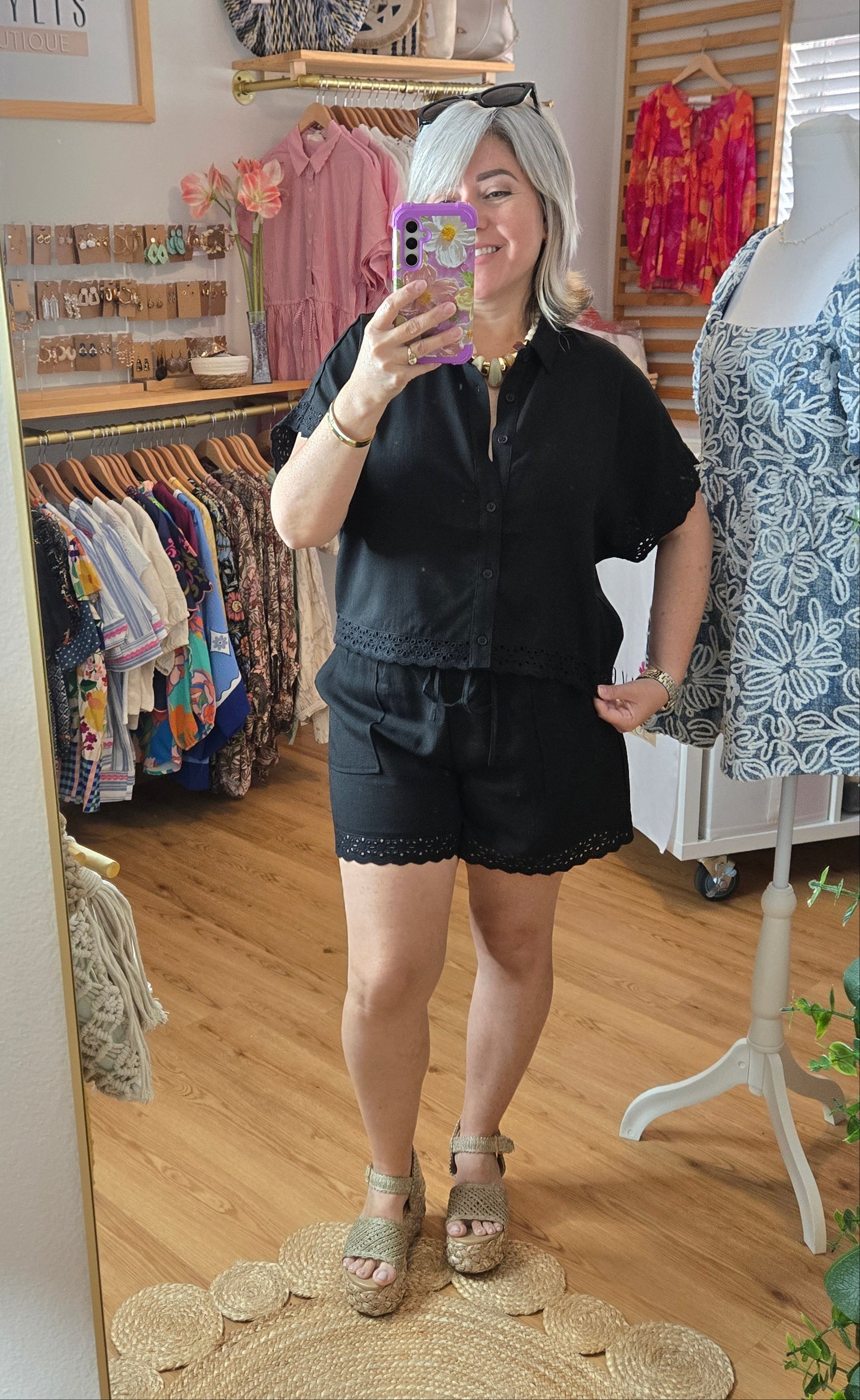 Black Eyelet Lace Button-Up Linen Blend Top