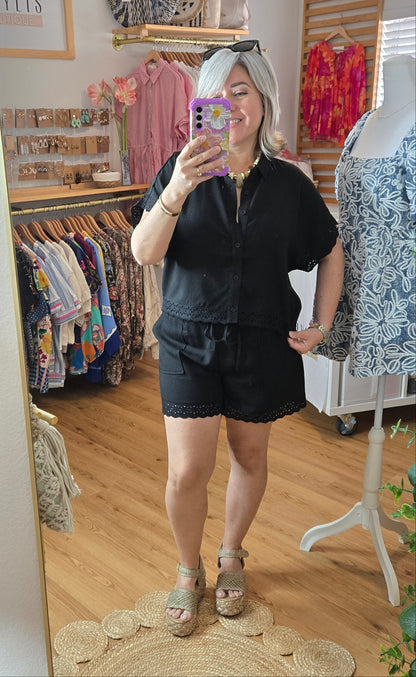 Black Eyelet Lace Button-Up Linen Blend Top