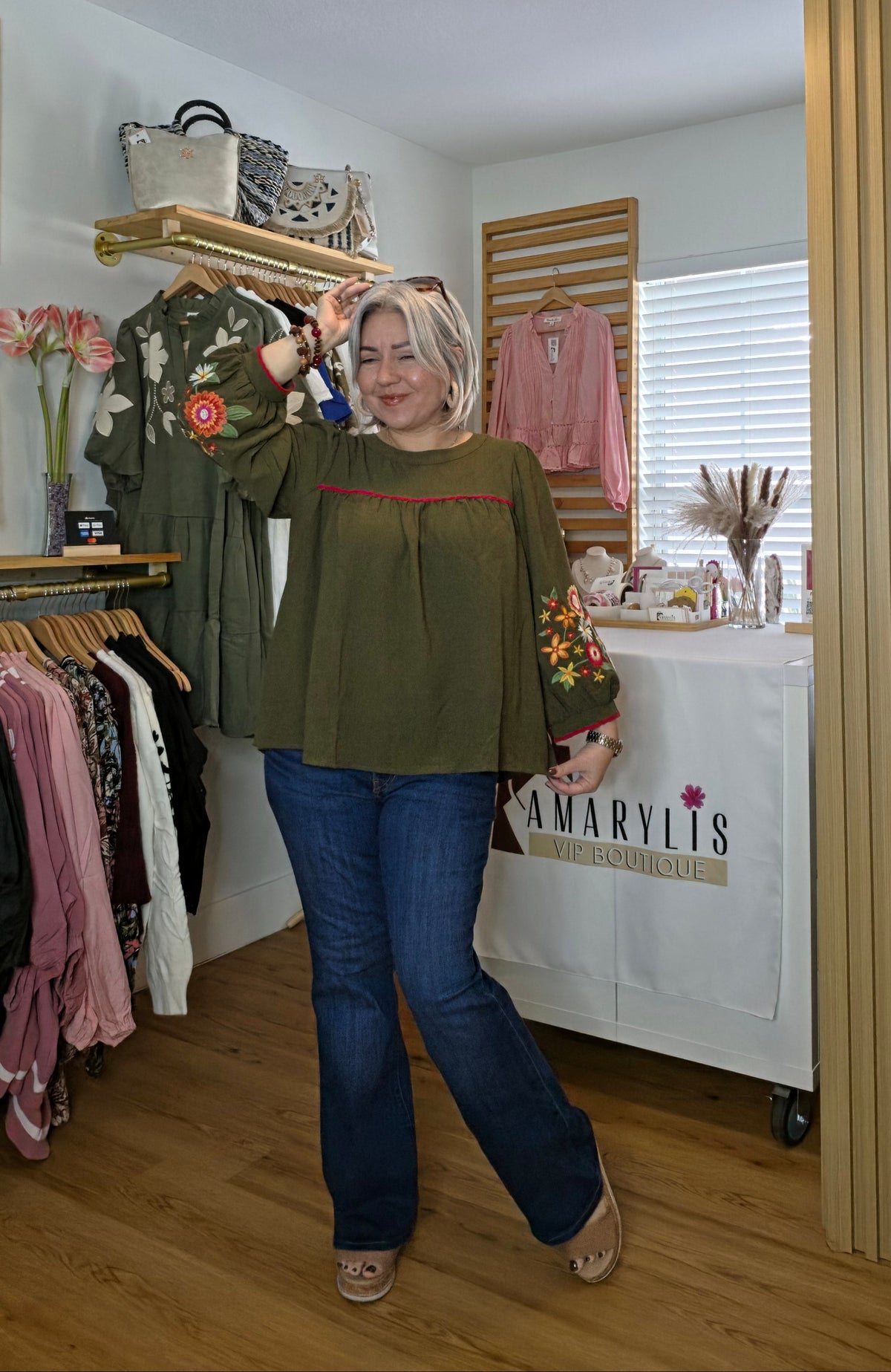 Women's boho blouse with embroidered sleeves and contrasting zigzag trim
