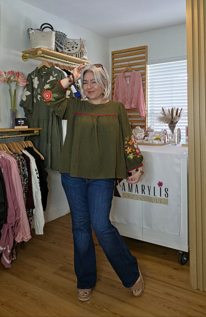 Women's boho blouse with embroidered sleeves and contrasting zigzag trim