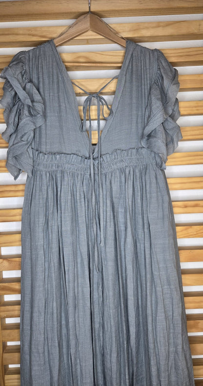 Deep V Neckline Ruffle Maxi Dress (Earl Gray)