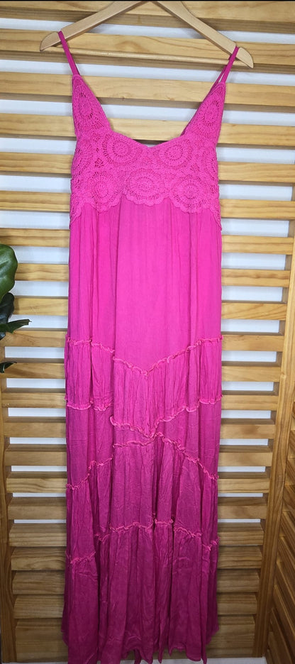 Crochet Lace Tiered Hem Maxi Fuchsia Dress
