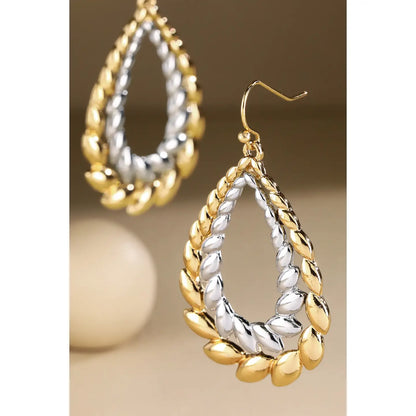 two-tone earrings, teardrop earrings, layered earrings, gold and silver jewelry, lightweight earrings, statement earrings