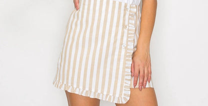 tan white skort, ruffle skort, high rise skort, striped skort, boho skort, summer skort, cute skort outfit, neutral tones, feminine skort, front slit skort