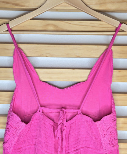 Crochet Lace Tiered Hem Maxi Fuchsia Dress