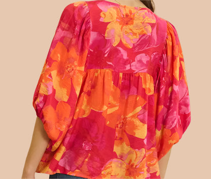 floral blouse, balloon sleeves, tie-front top, keyhole neckline, boho style, romantic blouse, feminine fashion, lightweight blouse